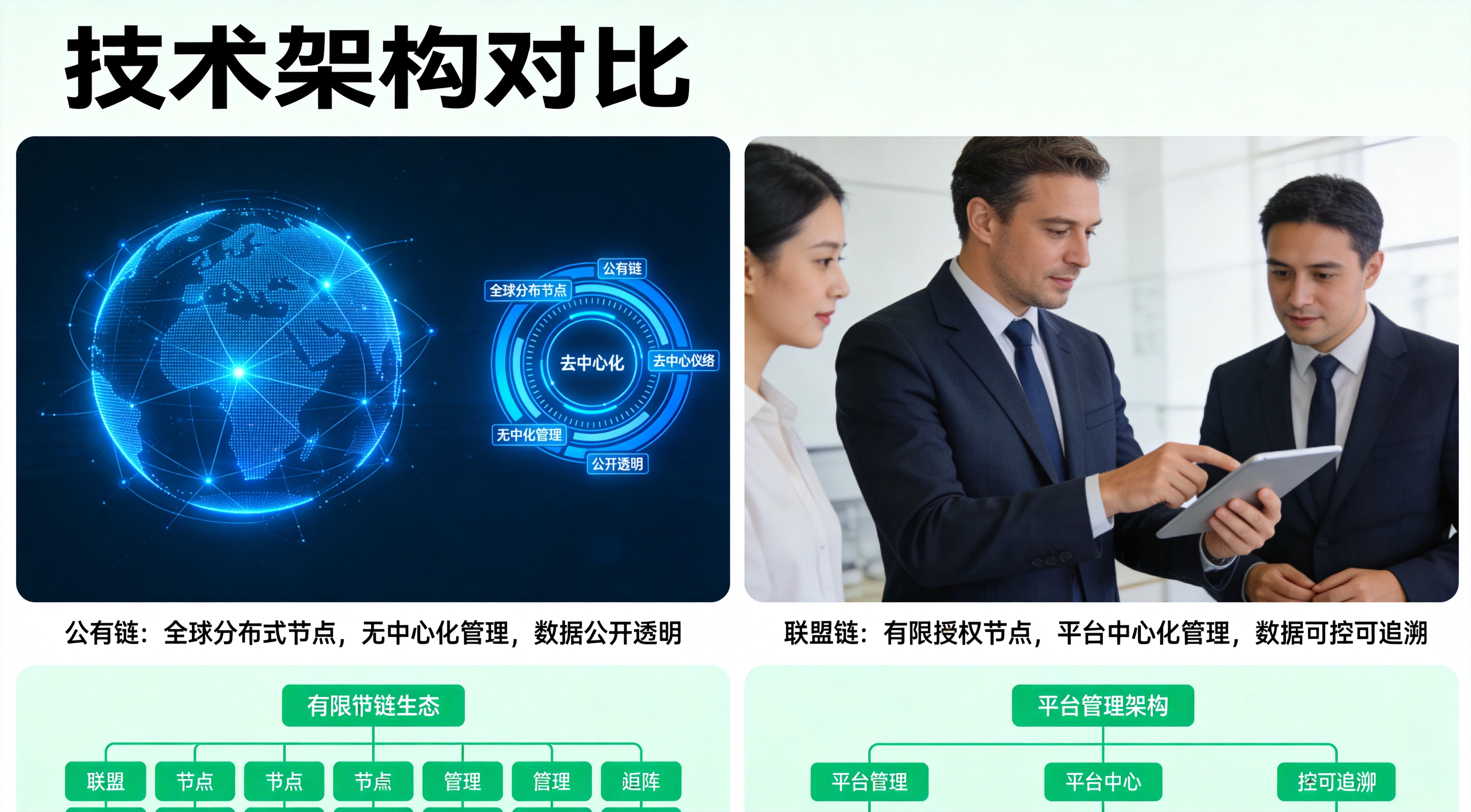 上下分栏技术架构对比图,上半部分展示公有链生态(全球分布式节点网络、去中心化示意图),下半部分展示联盟链生态(有限节点、平台管理架构示意图 上下分栏技术架构对比图,上半部分展示公有链生态(全球分布式节点网络、去中心化示意图),下半部分展示联盟链生态(有限节点、平台管理架构示意图