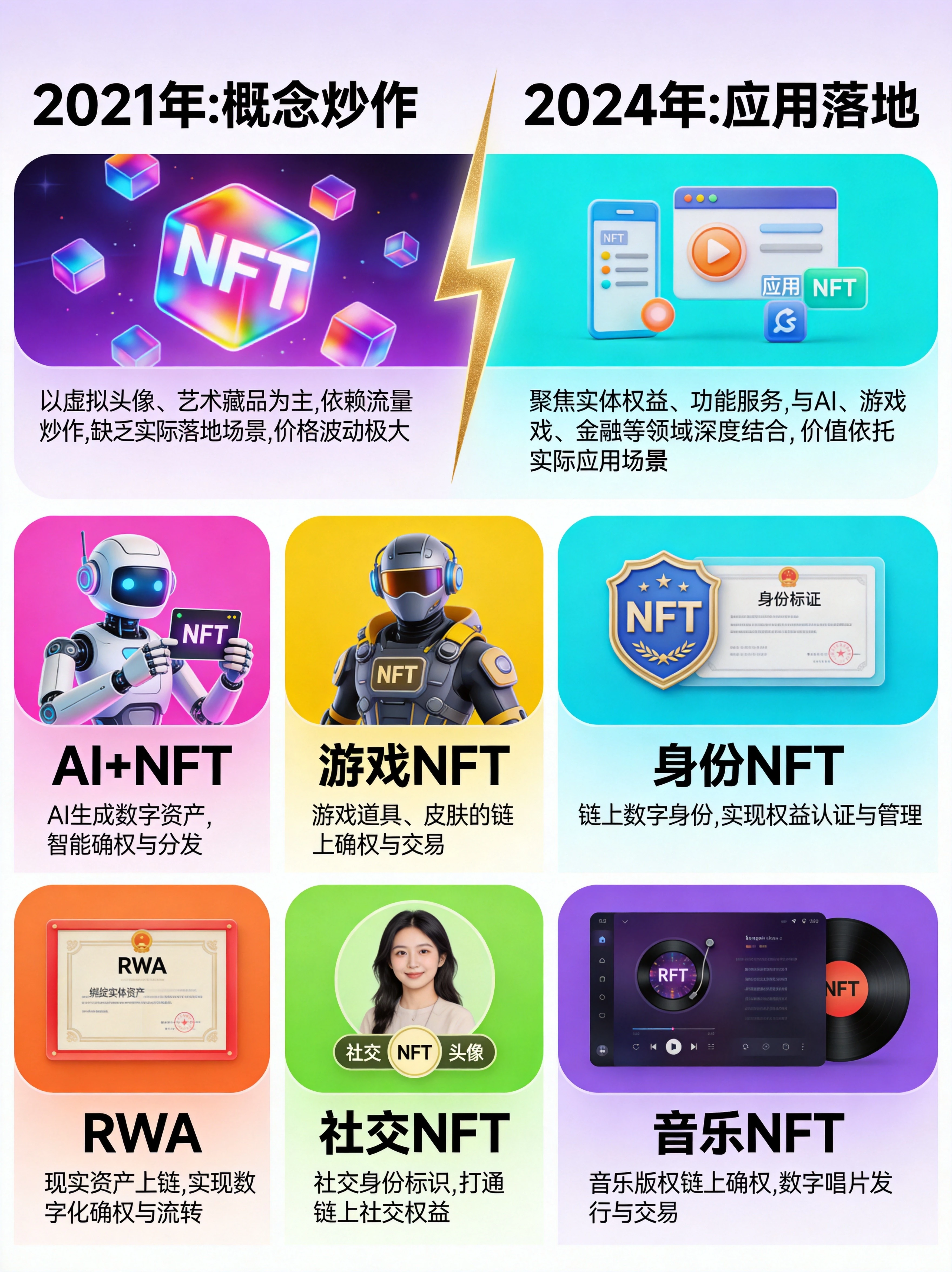 两轮NFT市场对比与六大热门赛道图,对比2021年概念炒作vs 2024年应用落地的本质区别,展示AI+NFT、游戏NFT、身份NFT、RWA、社交NFT、音乐NFT六大热门赛道 两轮NFT市场对比与六大热门赛道图,对比2021年概念炒作vs 2024年应用落地的本质区别,展示AI+NFT、游戏NFT、身份NFT、RWA、社交NFT、音乐NFT六大热门赛道